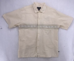 Men's Newport Blue 100% Cotton Cream Beige Tropical Palm Tree Stripe Short Sleev - Picture 1 of 11