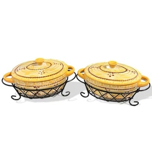 Temp-tations Tara Yellow Old World 9 oz Set 2 Oval Baking Dish Wire Basket & Lid - Picture 1 of 13