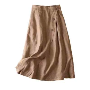 Women Midi Skirt Large Hem Elastic Waist A-line Button Decor High Waist Skirt - Picture 1 of 29