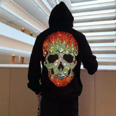 Fashion Skull Rhinestone Hot Drill Diamond Winter Hoodie Men Luxury Sweatshirt - Image 1 of 4