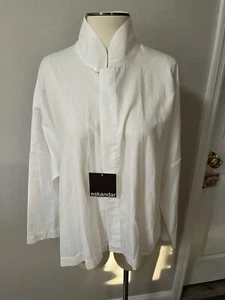 NWT Eskandar Sz 1 White 100% Cotton Imperial High Neck Ladies Shirt - Picture 1 of 8