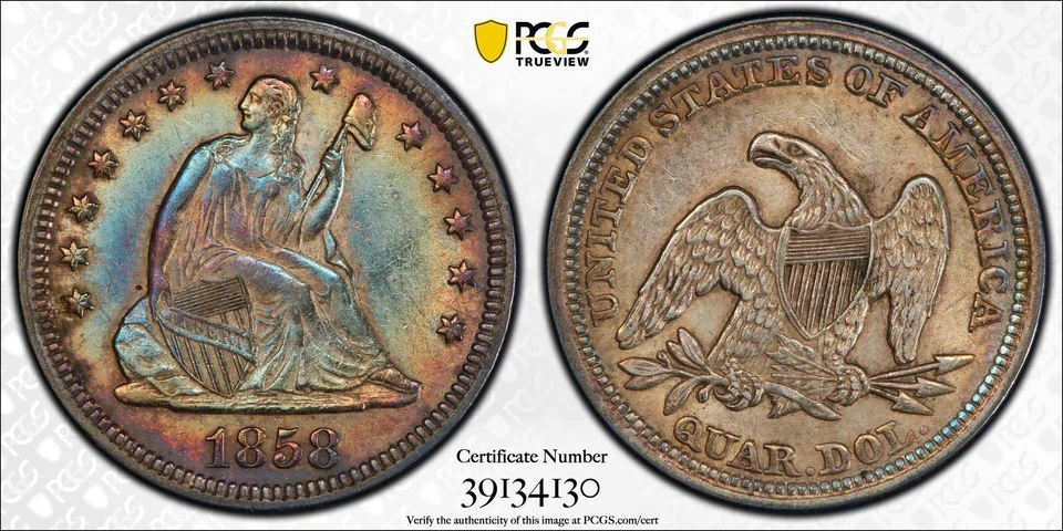 1858 25C Seated Liberty Quarter PCGS AU53 Colorful Obverse Toning - Image 1 of 1