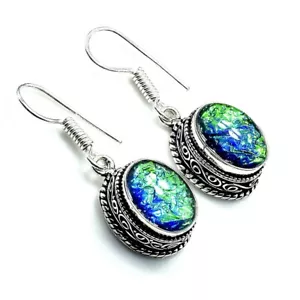 Unique Triplet Opal Gemstone Handmade 925 Starling Silver Jewelry Earring Sz 1" - Picture 1 of 1