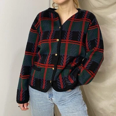 Cárdigan Suéter Vintage Cristal Kobe Años 90 Verde Marino Cuadros Preppy Abuela Retro Foto 1 de 4