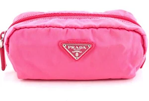 PRADA Triangular Logo Plate Pouch Tessuto Nylon Pink Gold Women Auth 10D4185 - Picture 1 of 15