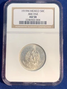 MEXICO ESTADOS UNIDOS 1919 50 CENTAVOS COIN NGC CHOICE ALMOST UNCIRCULATED AU58 - Picture 1 of 2