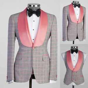 Men's Suit Gray Pink Plaid Shawl Collar Suit Jacket And Vest Private Order