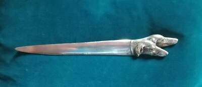 Brieföffner antik Messing 1910 mit Hundeköpfen dekoriert, Dackel o. Jagdhund - Bild 1 von 4