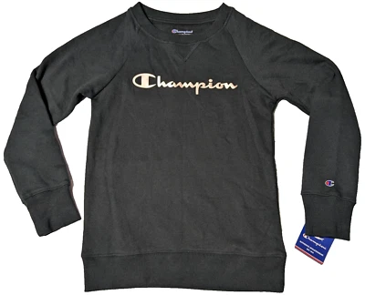 Sudadera polar CHAMPION Big Girls mediana (10-12) negra + dorada con logotipo de escritura NUEVA Foto 1 de 4