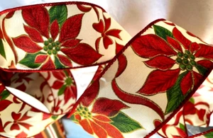 Christmas Iridescent Red Poinsettia 1.5" x 2 yd Ivory Wired Ribbon Winter Decor - Picture 1 of 7