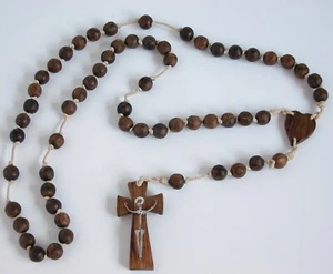 VINTAGE MCM LARGE WOOD BEADS CATHOLIC ROSARY WOOD CROSS 58" Wall Hanging - Picture 1 of 4