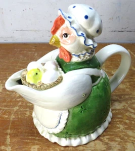 Vintage Otagiri Handmade Stoneware coffee Tea Pot Hen w/ Basket of eggs - Picture 1 of 5