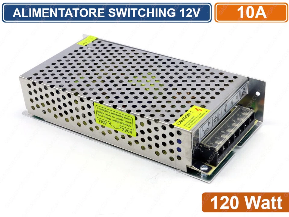 EACH ITALY ALIMENTATORE METALLICO STABILIZZATO SWITCHING TRIMMER 220V-12V 10A 120 WATT