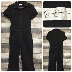Jessica Simpson Flare Denim Jumpsuit Short Sleeve Stretch Sz 7 Black (Inseam 30) - Picture 1 of 12
