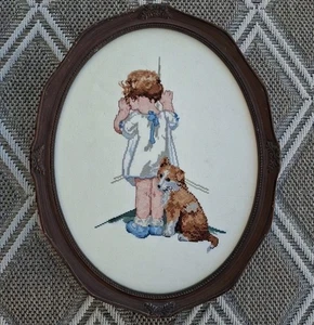 Retro Bessie Pease Gutmann "Disgrace" Petit Point Wanddeko oval Holzrahmen Vintage - Bild 1 von 12