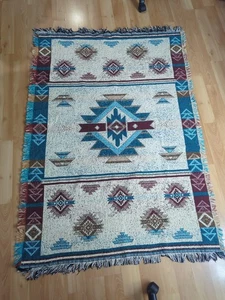 Vintage Southwestern Afghan Throw Blanket 50” x 72” Multicolored Cotton? - Picture 1 of 5