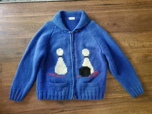 Vintage 50s/'60s Bowling Balls Bowler Cowichan Wool Cardigan Sweater Front/Back - Picture 1 of 14