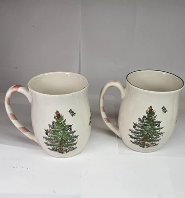 Pair of Spode Christmas Tree Mugs With Peppermint Candy Stripe Handles - Image 1 of 4