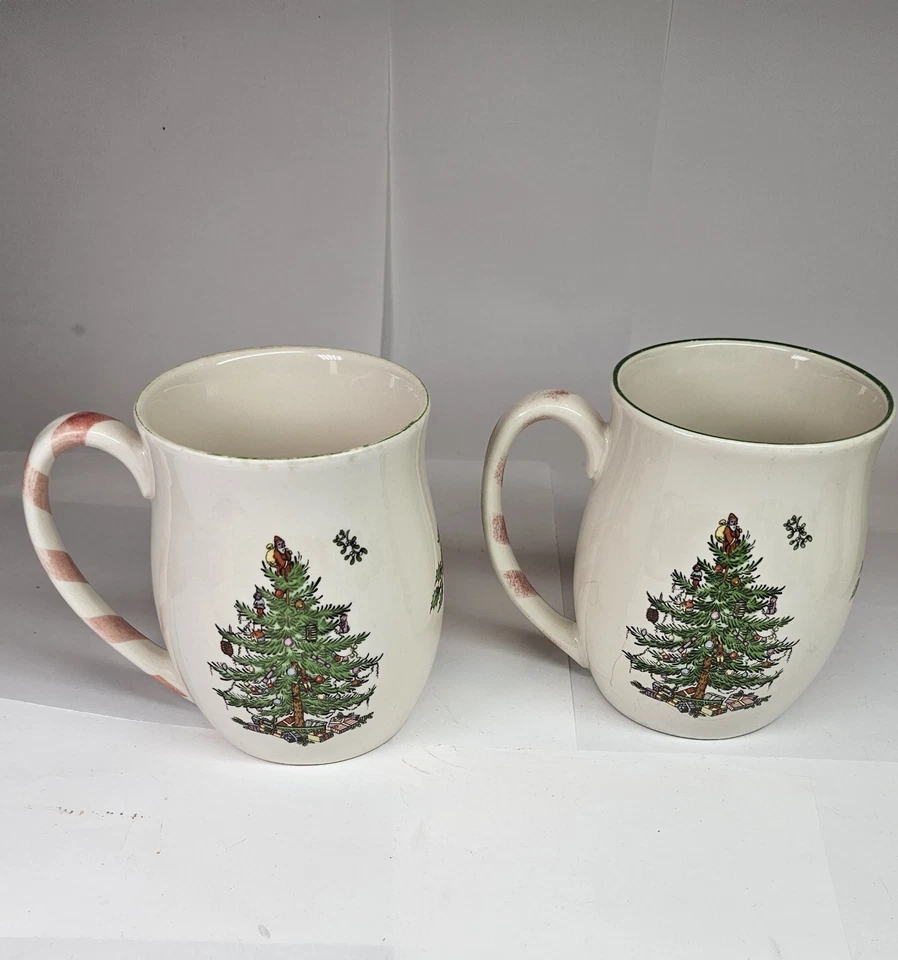 Pair of Spode Christmas Tree Mugs With Peppermint Candy Stripe Handles - Image 1 of 4
