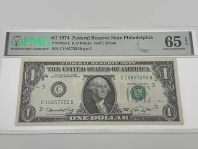1974 $1 Federal Reserve Note Minted in Philadelphia PMG 65 Gem Uncirculated EPQ - Image 1 of 4