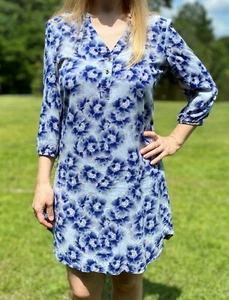 Lerche Damen 3/4 Arm V-Ausschnitt leichtes geblümtes Shirtkleid blau, M - Bild 1 von 6