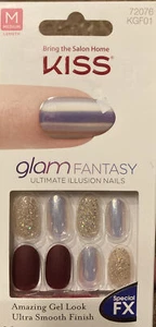 NEW Kiss Nails Gel Fantasy Press or Glue Manicure Medium Gel Almond Pink Maroon - Picture 1 of 5