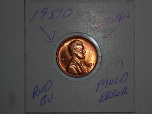 wheat penny 1951D MOLD ,PLANCHETT ERROR WINGS RED BU 1951-D LINCOLN CENT UNC - Picture 1 of 5