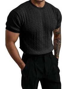 Men's Short Sleeve Knit T-Shirts Crew Neck Slim Fit Stretch Pullover Sweater - Picture 1 of 14