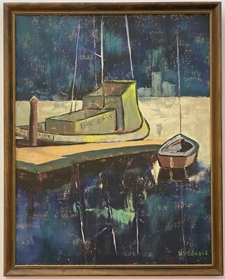 Mary Elsie Davis California Mid Century Modernism Coastal Fishing Boat Painting - Image 1 of 4