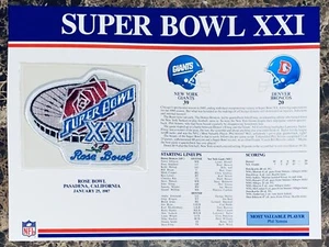 NFL Super Bowl XXI 21 Patch New York Giants vs Denver Broncos With Stats Card - Bild 1 von 2