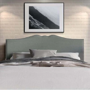 King Size Headboard Light Grey Upholstered with Nailhead Trim Adjustable Height - Picture 1 of 12