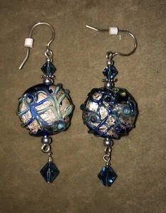 Handmade Lampwork Glass Bead Sterling Silver Swarovski Crystal Earrings - Picture 1 of 4