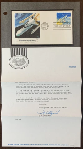 1981 FDC SWEEPSTAKES 5TH PLACE PRIZE SPACE SHUTTLE FIRST DAY COVER WITH LETTER Cover