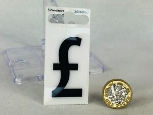 Pound £ Sign Black on White 35x60mm Signage Self Adhesive Sandleford