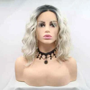 Ombre Blonde Bob Synthetic Wigs Short Curly Lace Front Heat Resistant Fiber Wig - Picture 1 of 11
