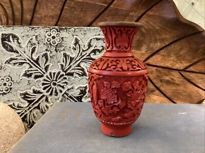 Chinese Carved  Cinnabar Red Lacquer Vase 4.25” Brass Interior See Pics - Image 1 of 4