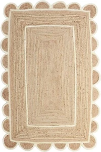 Jute Rug Bohemian Area Rug Scalloped Color Pattern Natural Rug - Picture 1 of 38