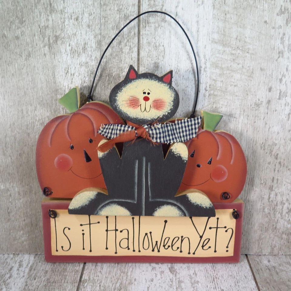 ADORABLE PRIMITIVE RETRO VINTAGE STYLE HALLOWEEN Cat & PUMPKIN Sign - Image 1 of 4