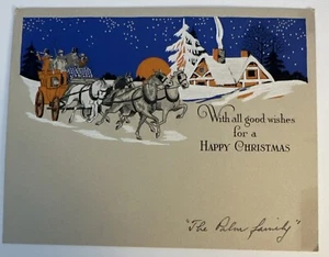 Vintage Art Deco Christmas Card - People Riding Horse Drawn Sleigh - Picture 1 of 2