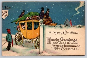 Frohe Weihnachten mit einer Postkutsche im Schnee, um 1928 alte Postkarte - Bild 1 von 2