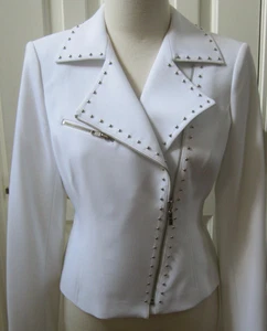 Cache Women's White Moto Jacket Asymmetrical Full Zipper, Studs, size 8 - Picture 1 of 12