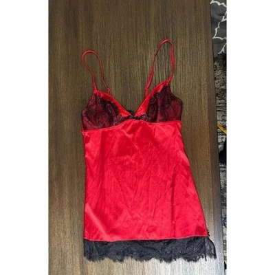 Vestido babydoll vintage Victoria's Secret eléctrico rojo satinado negro encaje XS Foto 1 de 4