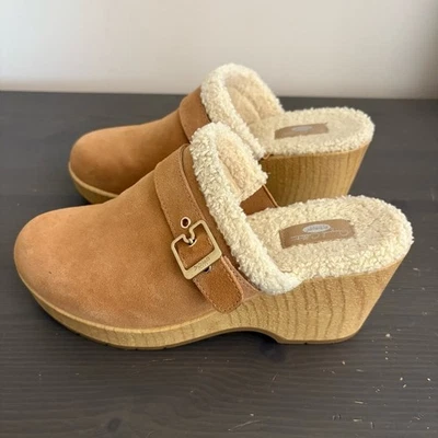 Dr. Scholl's Pixie clog honey velvet wooden wedge heel faux shearling lining 7.5 - Image 1 of 4