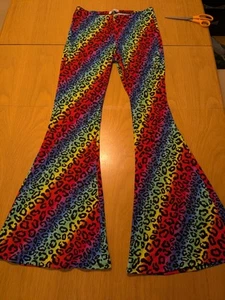 Animal Print Rainbow Cheetah Flare Bell Bottoms Rave Party EDM Pants Hippie Sz L - Picture 1 of 6
