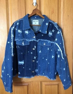 White Birch Damen XL Star Distressed Ragged Fransen Knopf Western Jeansjacke - Bild 1 von 9