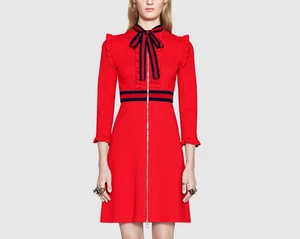 Gucci Red Ruffled Stripe-Trim Bow-Neck Mini Dress, Size Fits XS - Picture 1 of 10