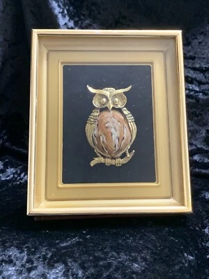 Búho 3D de metal dorado vintage con plumas reales en marco de caja de sombras Foto 1 de 4