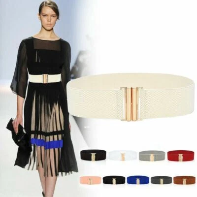 Women Elasticated Stretch Wide Belt Retro Vintage Waistband Dress Metal Buckle - Image 1 of 4