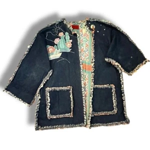Vintage Denim Jacket Coat Hand Made Long Line OpenFront Southwestern Artsy Large - Picture 1 of 12