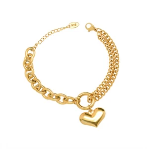 18K Gold Plated Surgical Steel Woman's Heart Charm Rolo Link Chain Bracelet Gift - Picture 1 of 10